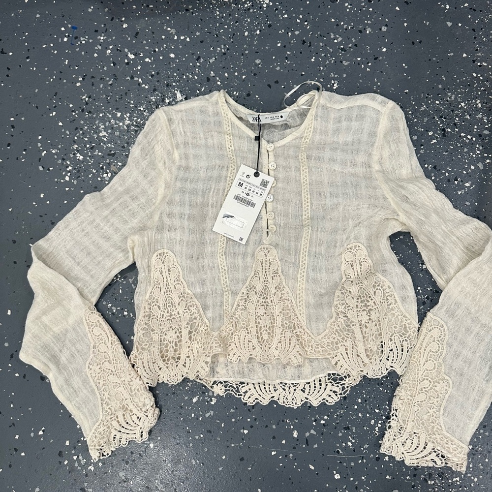 Zara Cream Lace-Trim Lightweight Blouse